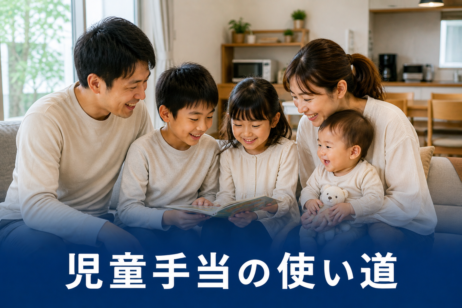家族5人が絵本を見る様子。児童手当の使い道記事のアイキャッチ
