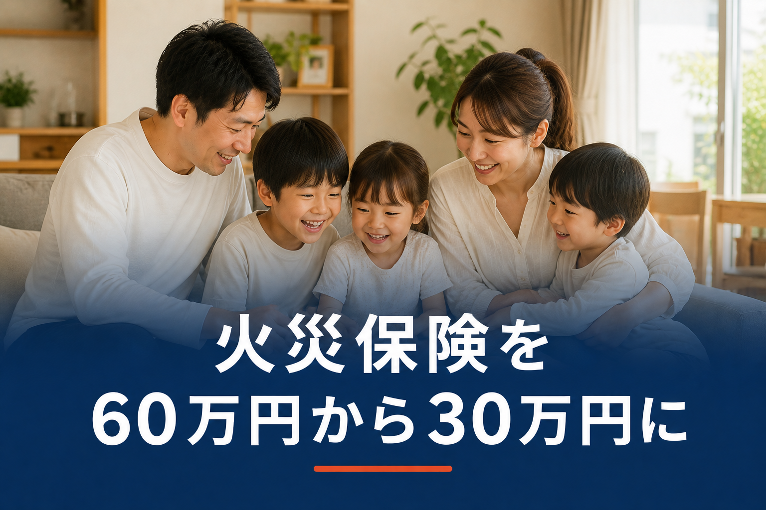 家族5人がソファでくつろぐ様子。火災保険を60万円から30万円に見直した記事のアイキャッチ