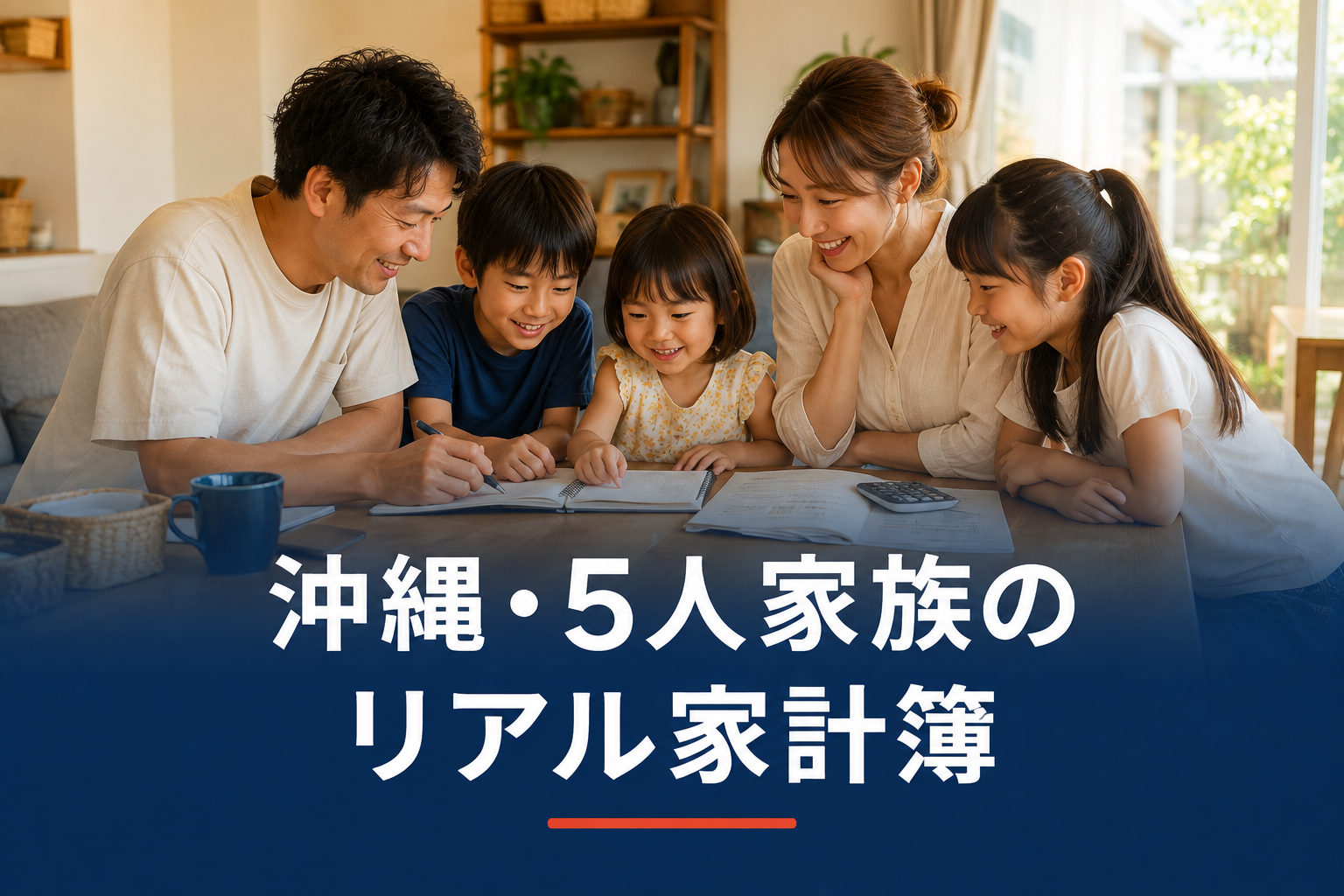 5人家族がリビングで家計簿をつける様子。沖縄5人家族の家計簿記事のアイキャッチ